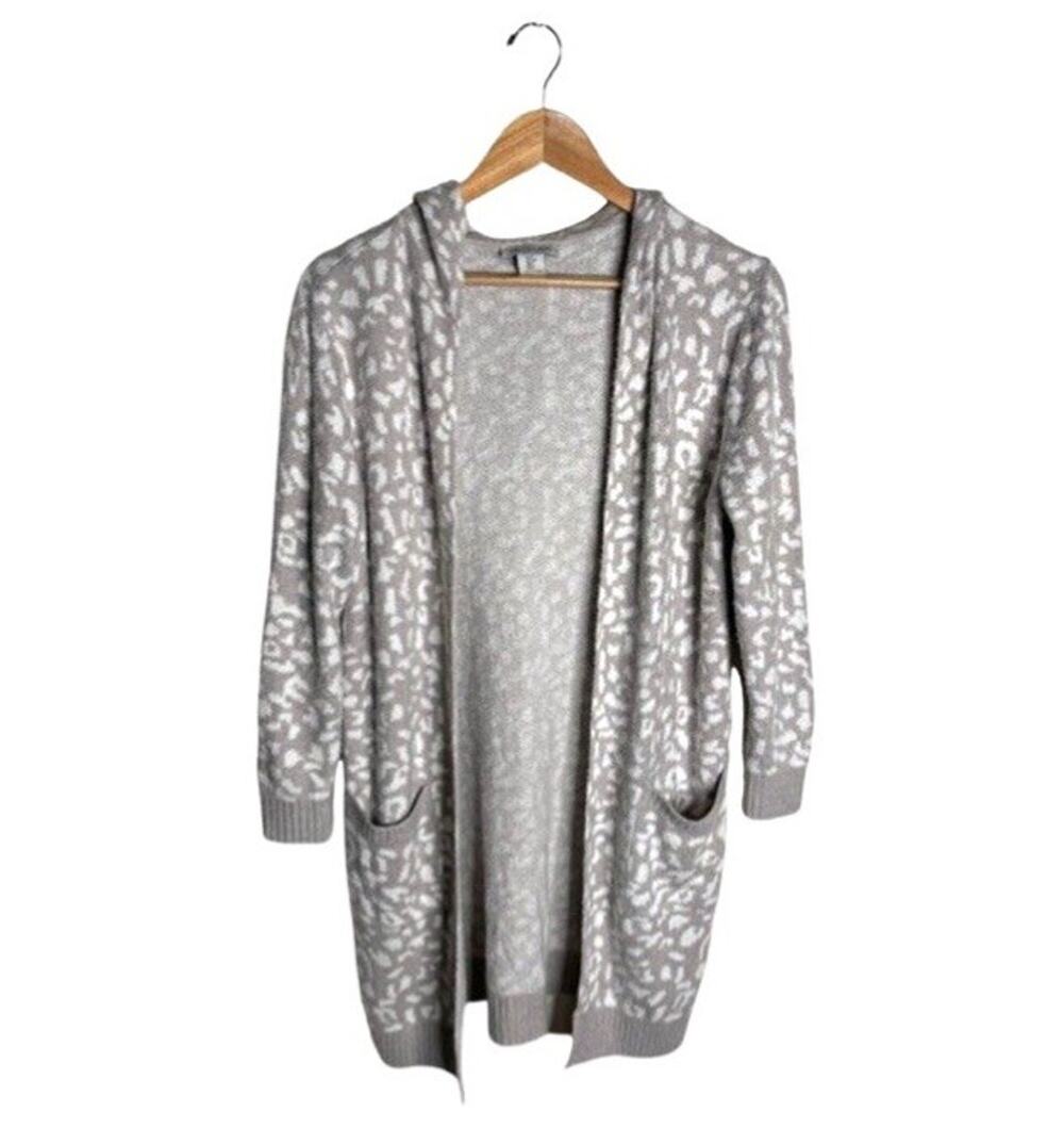 Rachel Zoe Hooded Cardigan Leopard Print Small Open Gray Pockets Oversized Cozy